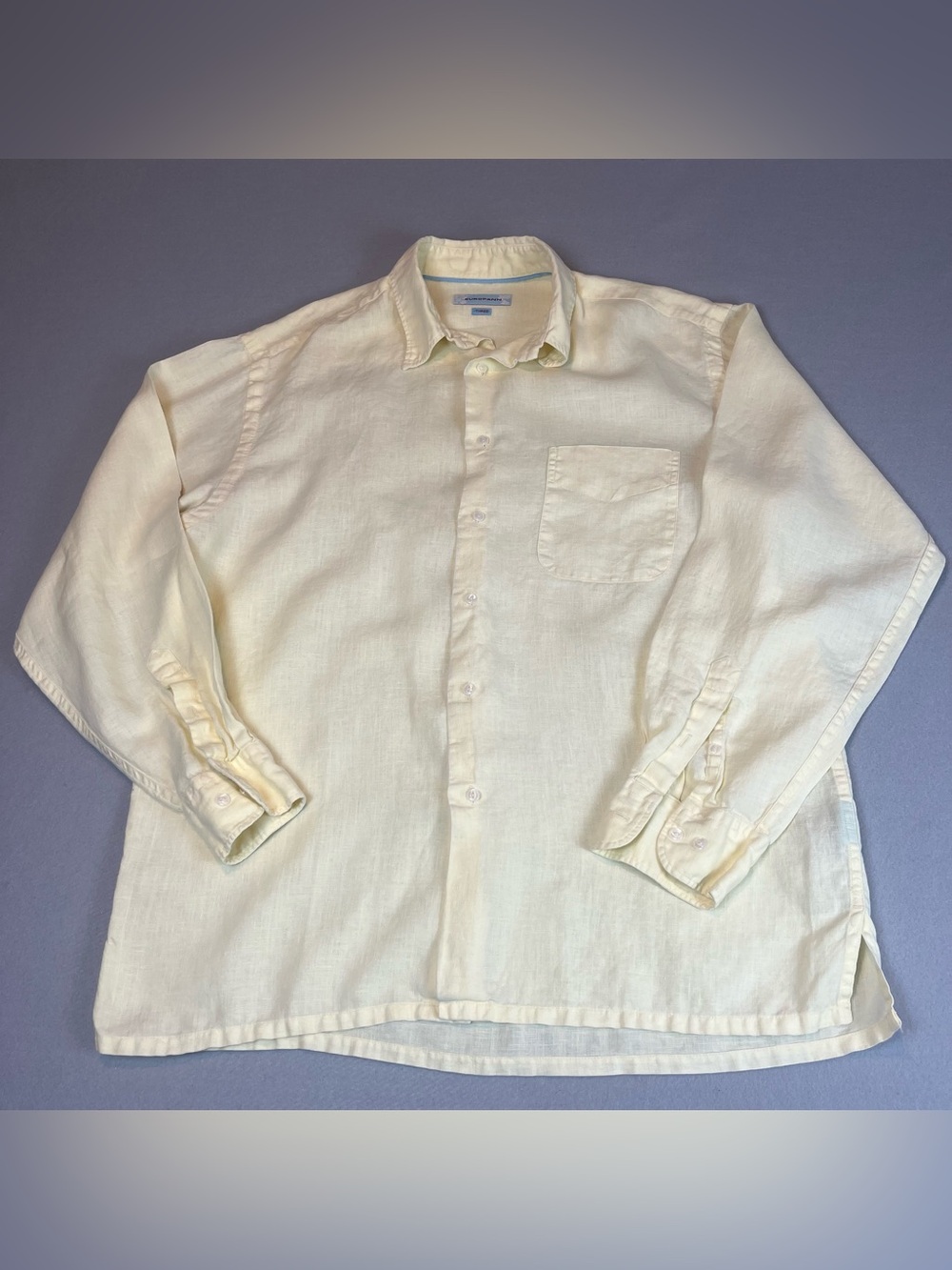 EUROPANN Mens Size 3 L Yellow Linen Button Shirt Coastal Riviera Resortwear Luxe